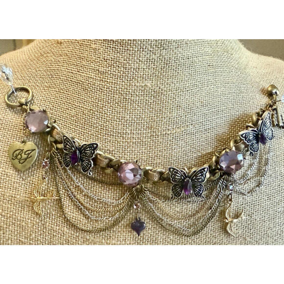Rare Vintage Betsey Johnson Purple Crystal Charm Unique Bracelet Bird Heart 8 in - Picture 6 of 7